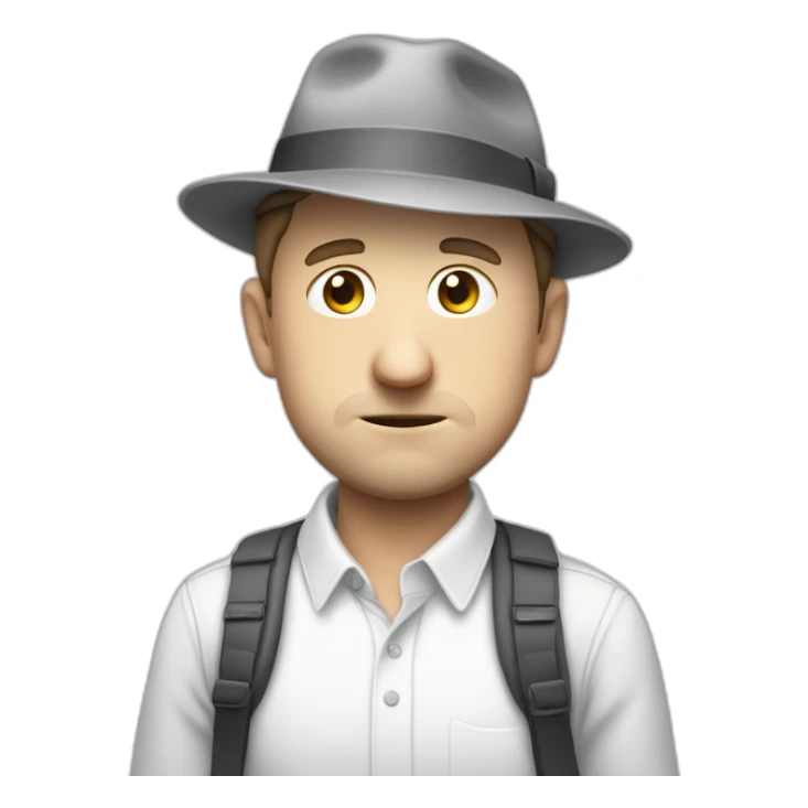 tim robinson wearing a grey fedora white shirt only looking scared and sad facing left - fabric attached to back of hat covering neck sticker