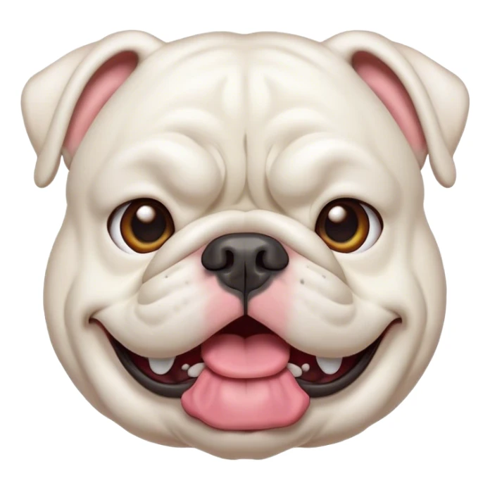 Cinematic Comical White English Bulldog Portrait Emoji, Head tilted dramatically with an exaggeratedly amused expression, featuring a striking pure white coat with a subtle sheen, wide, expressive brown eyes filled with playful disbelief, Simplified yet hilariously expressive features, highly detailed, glowing with a slightly sassy glow, high shine, dramatic yet playful, stylized with an air of cheeky defiance, bright and endearing, soft glowing outline, capturing the essence of a spirited and over-the-top guardian, so meme-worthy it feels like it could side-eye its way into internet fame instantly! sticker