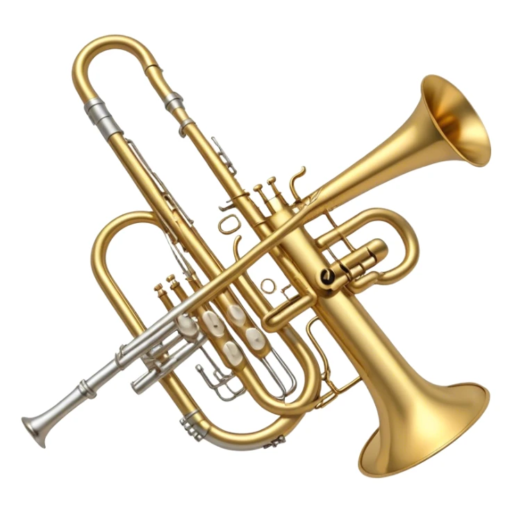 Create a simple and symbolic emoji collage representing wind instruments. Include a variety of iconic elements like the bell of a trumpet, the mouthpiece of a saxophone, and a subtle outline of a trombone. Arrange the elements in a dynamic and balanced way. Use warm metallic tones like gold, brass, and silver for the instruments, with a clean and minimalist design. The background should be transparent, focusing on the shapes and silhouettes of the instruments to convey their essence without excessive detail. sticker