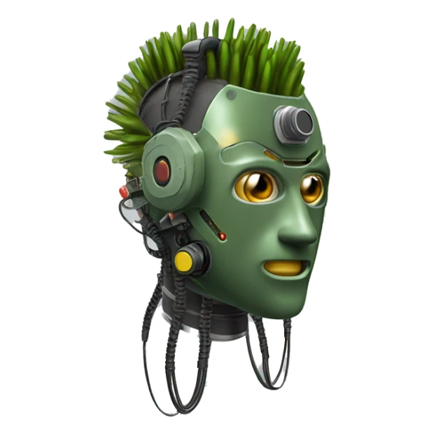 Olive green mohawk cyborg head with respirator mask and circuits sticker