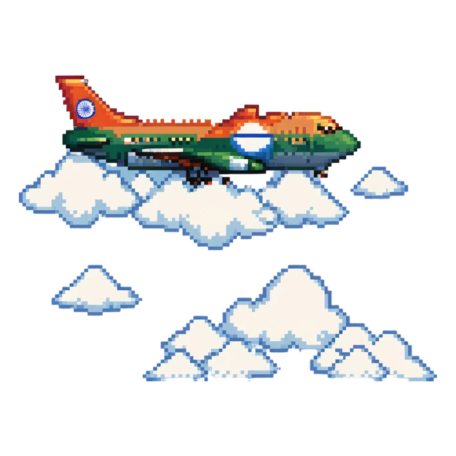 pixel art airplane with Indian flag colors flying above clouds sticker