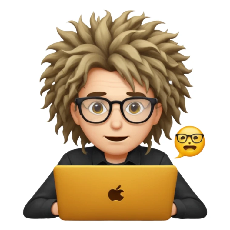 crazy programmer with wild hair, glasses, typing frantically, emoji style sticker