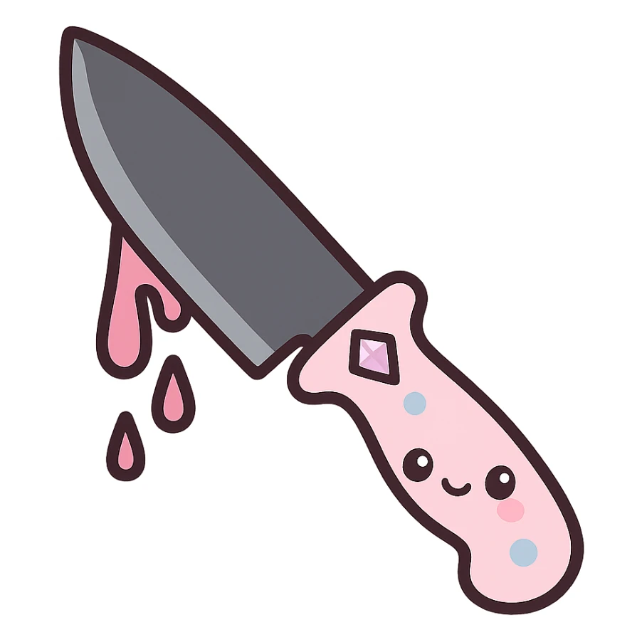 gothic knife, black and pink, with gemstone accents and dripping blood effect, kawaii style sticker