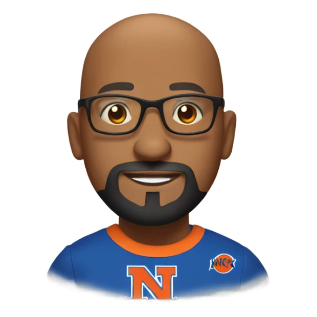 A Bald man with a beard, goatee, and glasses wearing a New York Knick tee shirt while throwing flames. sticker