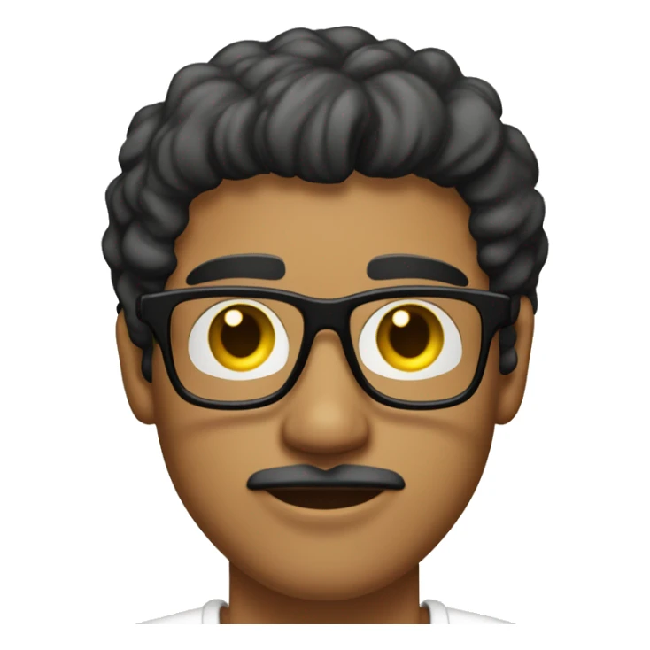 Latino man with mustache, 25 years old, weight 80 kilos.  with black frame glasses and yellow lenses. short haircut with bangs, gold earrings and white t-shirt. sticker
