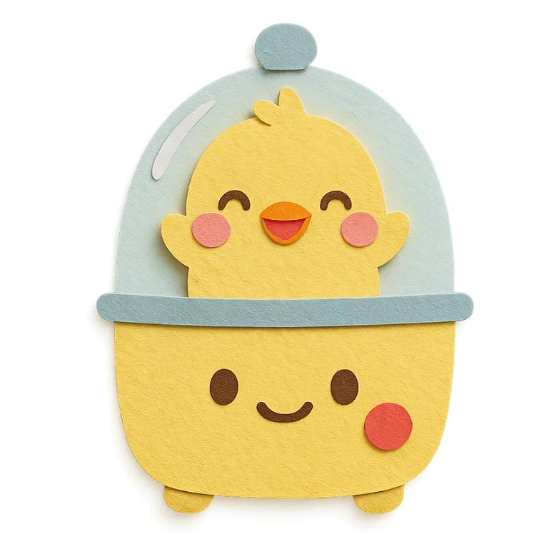 chibi egg cooker with a chick popping out, bright smile, soft yellow palette, full-body sticker