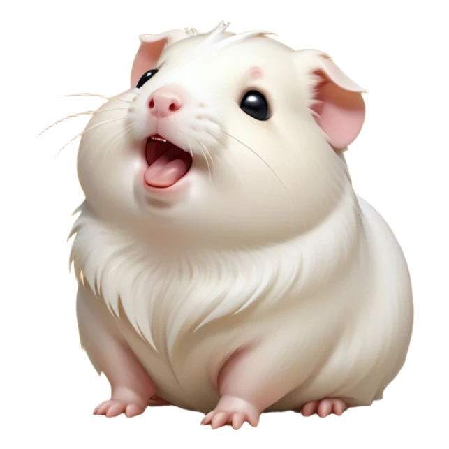 Cinematic Cute Yawning White Guinea Pig Portrait Emoji, Head tilted slightly with a dramatic, wide-open yawn, revealing a soft, downy white coat with tiny drooping ears, round dark eyes barely open in drowsy contentment, Simplified yet irresistibly adorable features, highly detailed, glowing with a soft, cozy glow, high shine, relaxed yet expressive, stylized with a touch of whimsy, bright and endearing, soft glowing outline, capturing the essence of a sleepy yet affectionate guinea pig, so drowsy it feels like it could stretch right out of the screen and curl up for a nap! sticker