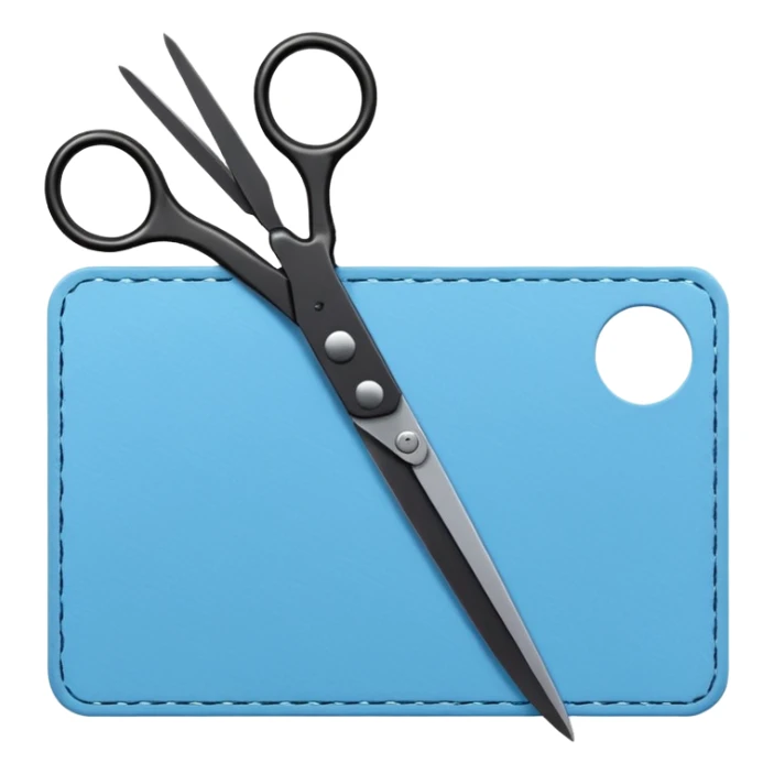 Floating black Scissors cutting a light blue military ID card in 2 parts .hyper realistic sticker
