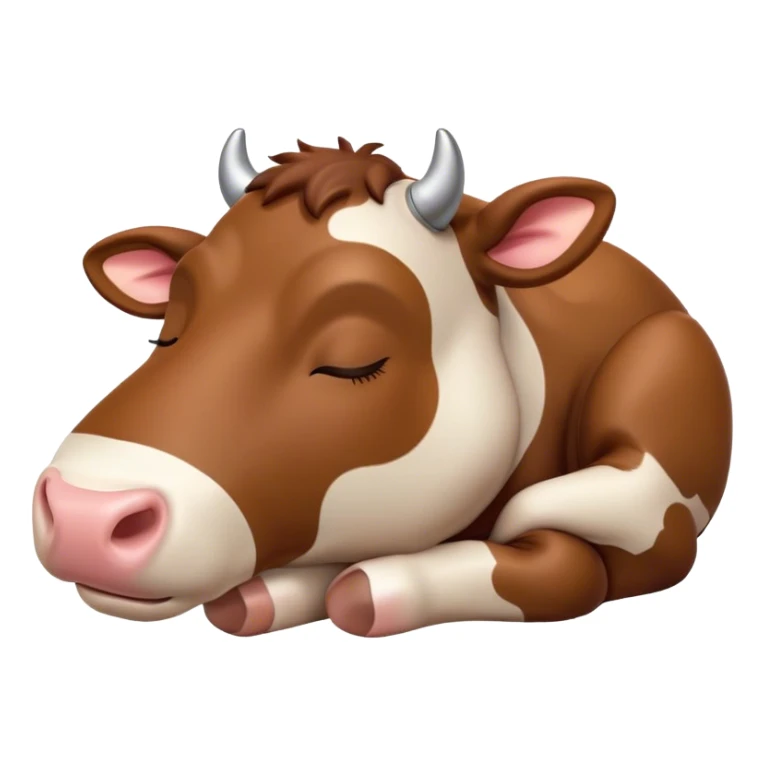 Meme-Worthy Cute Sleeping Brown Cow Portrait Emoji, Head resting peacefully with a contented smile, showcasing a robust build and a luxuriously soft deep brown hide, eyes shut in a serene, restful nap, Simplified yet hilariously adorable features, highly detailed, glowing with a soft, drowsy light, high shine, relaxed and utterly lovable, stylized with an air of playful laziness, bright and heartwarming, soft glowing outline, capturing the essence of a comically sleepy cow, so meme-worthy it feels like it could instantly become the next viral sensation of adorable slumber! sticker