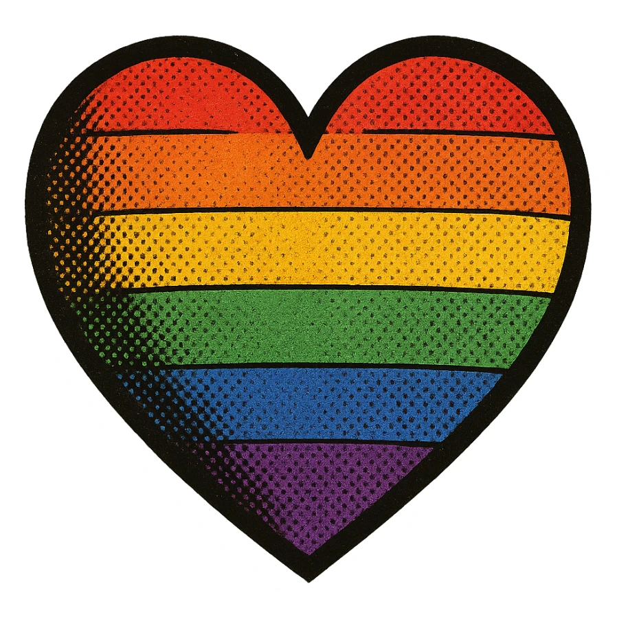 pride heart, halftone shading, bold lines, rainbow colors sticker