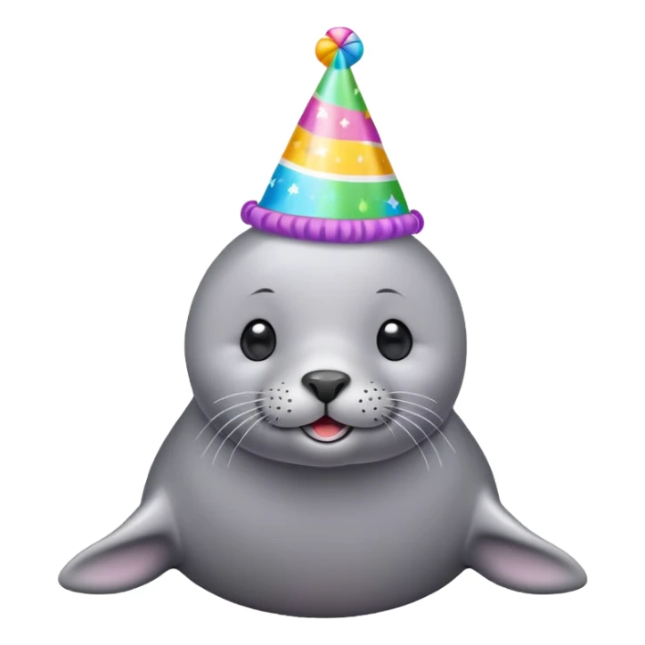 A cute gray seal with colorful birthday party hat, simple mobile emoji style sticker