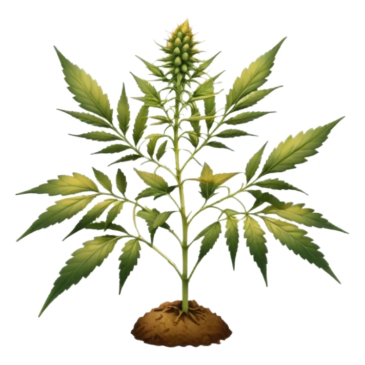 small cannabis plant at late harvest stage, modestly sized, uneven growth structure, thin branches supporting medium size female buds, leaves showing natural discoloration in shades of yellow and green, clearly visible trichomes with amber hues, resin-coated buds ready for harvest sticker