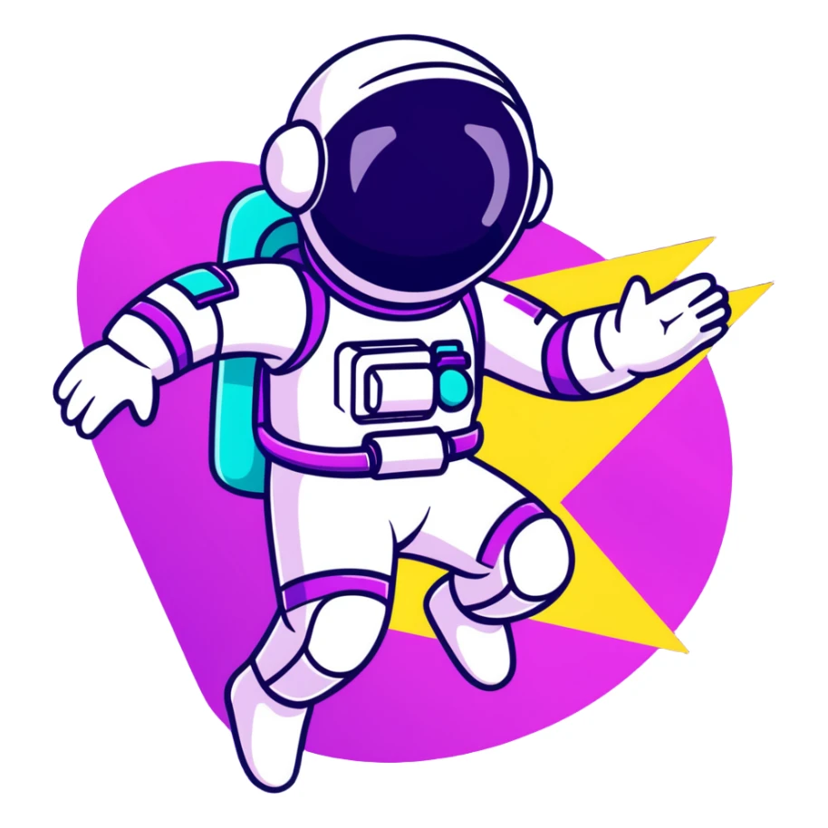 Stylized futuristic astronaut in mid-flight pose, sleek purple and neon teal suit, flat vector design, heroic silhouette, dynamic diagonal motion lines sticker