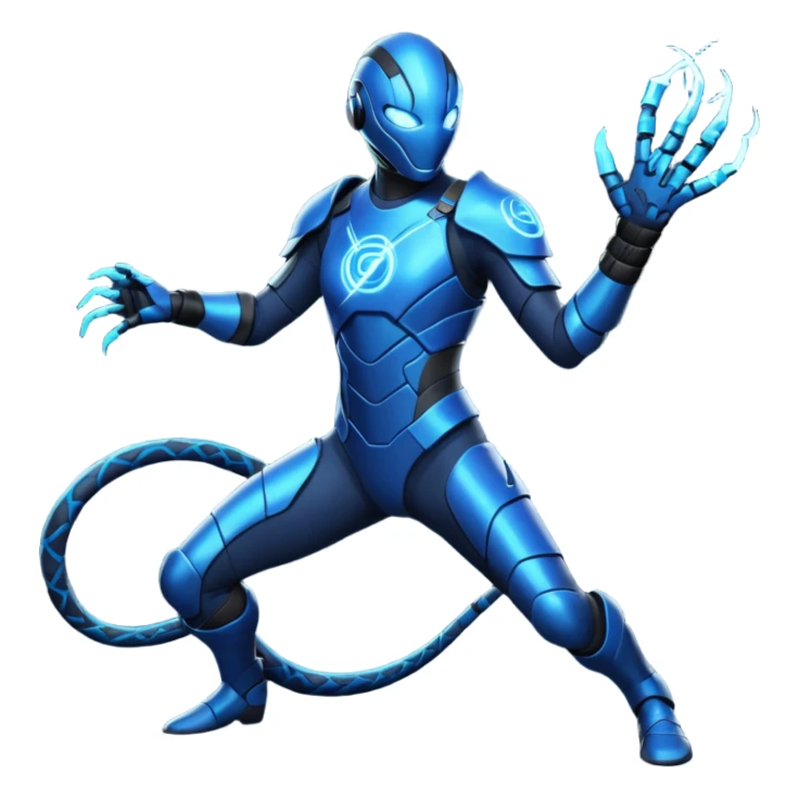 NIGHTCOIL: Dark flexible suit with electric-blue circuitry. Electrified whip crackling with energy. Lightweight armor, fingerless gloves, serpent insignia. Agile, playful, unpredictable. Mid-motion stance, whipping around enemies or structures. sticker