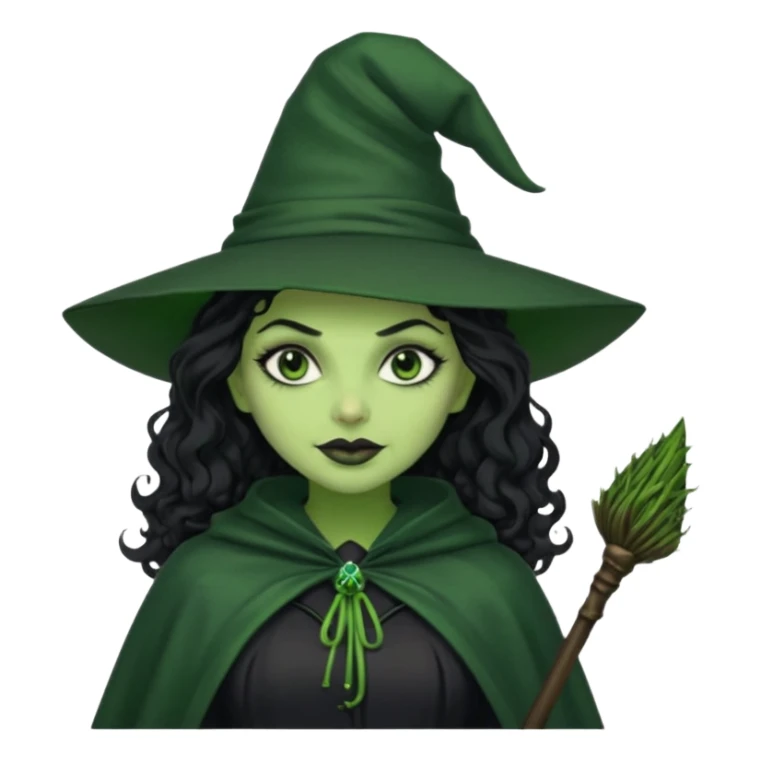 elphaba wicked witch with broom close up, evil dark curly long dark hair, green skin, thick green lips, cheekbones, smirk evil menacing cythia erivo dark aesthetic black hat cloak black broom sticker