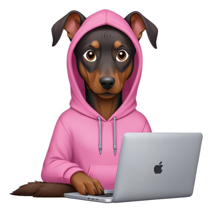 Doberman pincher in a pink hoodie behind a laptop sticker