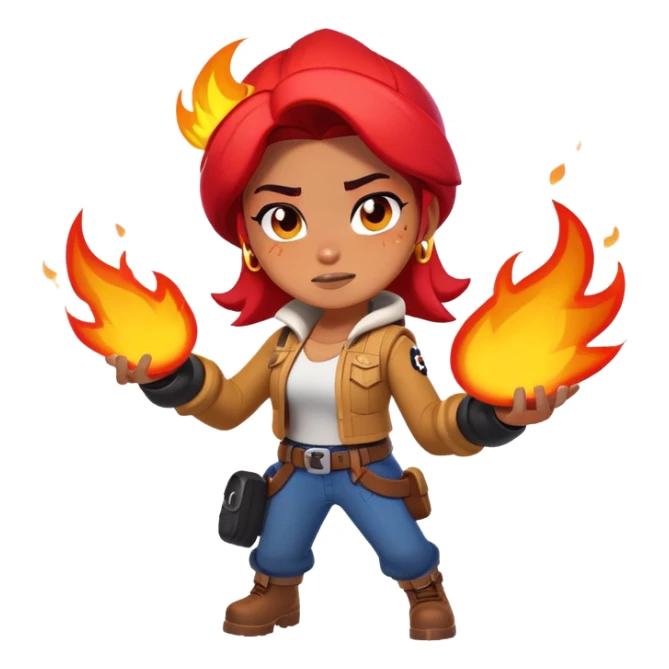 Amber from Brawl Stars as an emoji, with fire effects around her, capturing her dynamic and playful look sticker