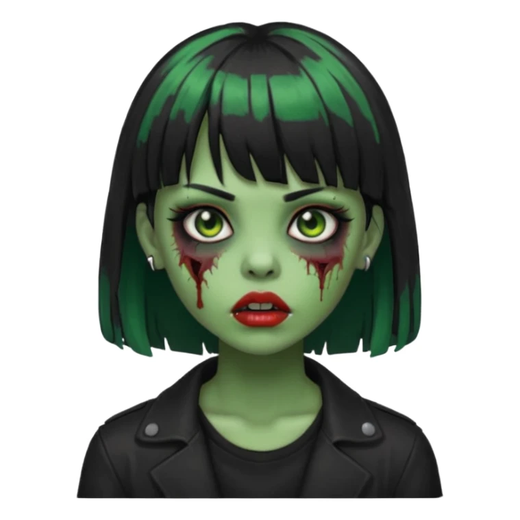 garota zumbi(cor de pele verde), com cabelos pretos e franja, roupa preta e com piercing na boca  sticker