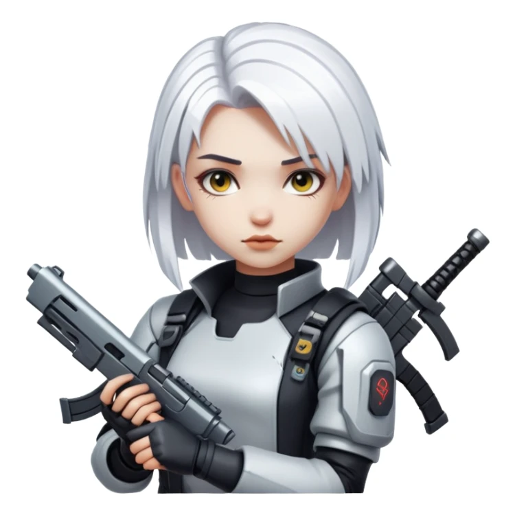 young girl, white long hair, weapon, cyberpunk sticker