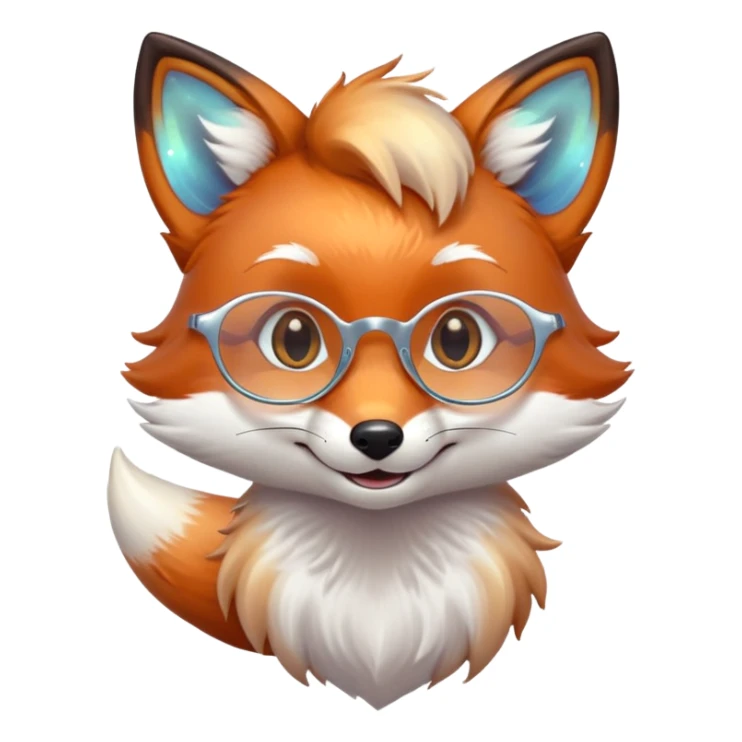 A gentle fox with iridescent fur, a glowing tail, a silver star on its forehead, and round glasses, smiling softly with closed, happy eyes. 🦊😊 sticker