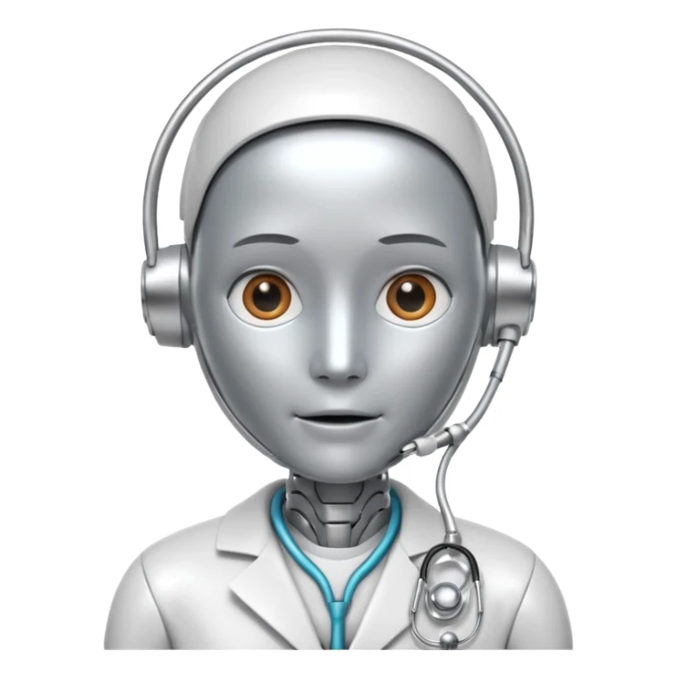 medical robot wearing a white coat and a stethoscope sticker
