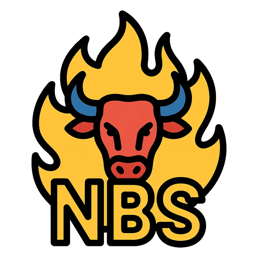 text 'NBS' in front of a stylized bull, both outlined in flames, vibrant and popping, Discord emoji style sticker