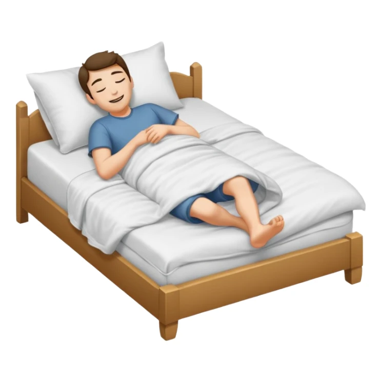 A man in bed under covers kicking feet because so excited to sleep. Eyes are closed and he is smiling and Show his feet sticker
