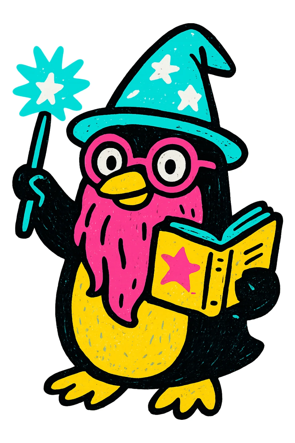 a stylized penguin wizard with glasses, a long beard, and a spellbook, in a bold, graphic style, pop colors style sticker