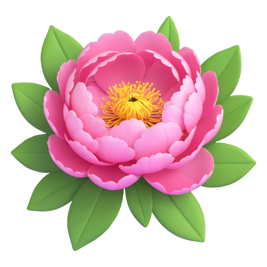 A pink peony flower in 3D iOS style with green leaves, detailed petals, and a soft, vibrant color scheme. sticker