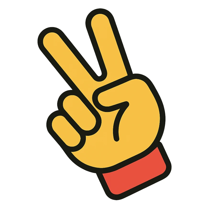 rotate the peace sign hand gesture further downward, keep the same style and colors sticker