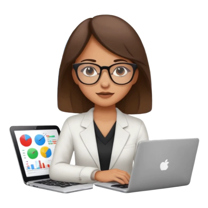 girl analyst with a laptop, surrounded by charts and data emoji sticker