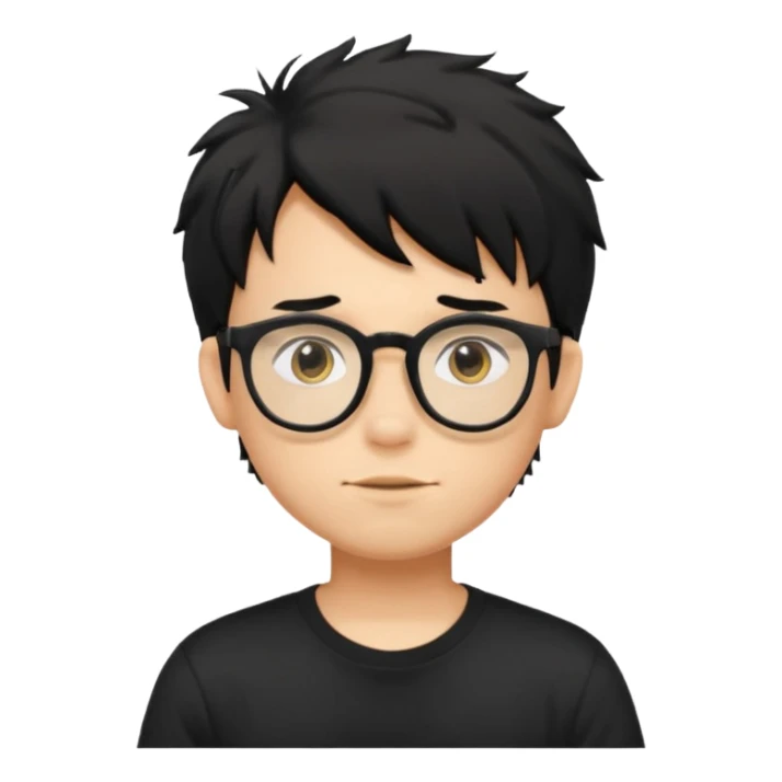 a light tan boy with messy a black hair and spectacles. wearing a black tshirt sticker