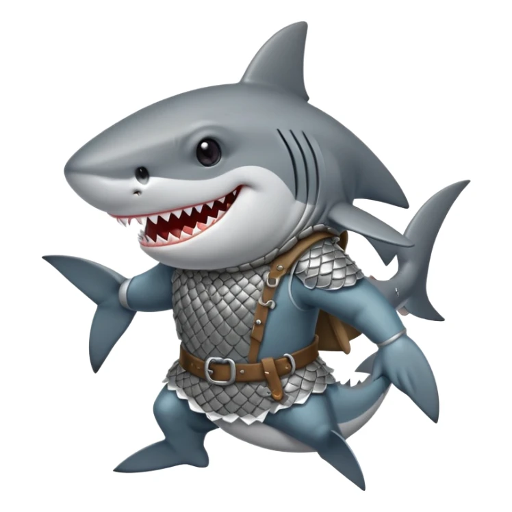 Anthropomorphic shark wearing a gambeson and chainmail coif with messy black hair smiling sticker