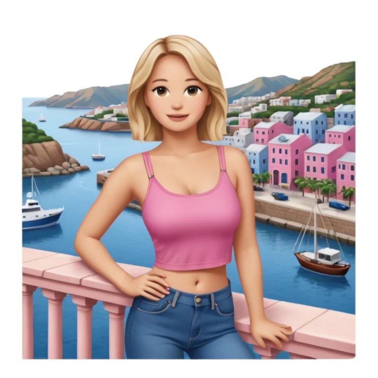 jennifer lawrence, pink crop top, and blue jeans, leaning on a balcony with a harbor and cityscape in the background, smiling sticker