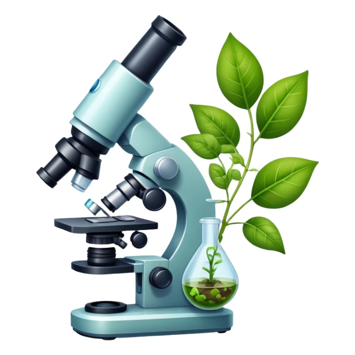 An icon featuring a microscope, a DNA strand, and plant leaves, symbolizing biology. The design includes cells, a test tube with a plant sample, representing life sciences, ecosystems, and the study of organisms. Transparent background highlights the exploration of living systems. sticker