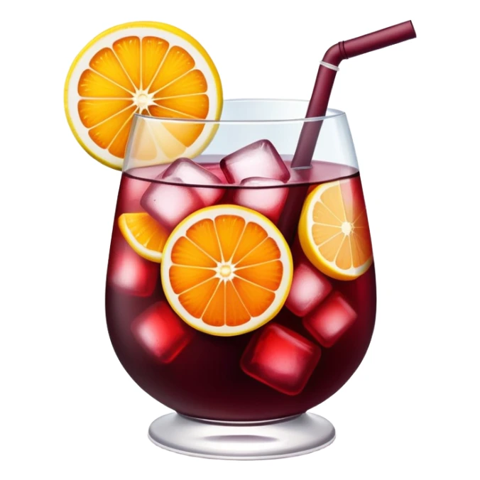 sangria drink with lots of visible ice cubes, wine, fruit slices, extremely cold sticker