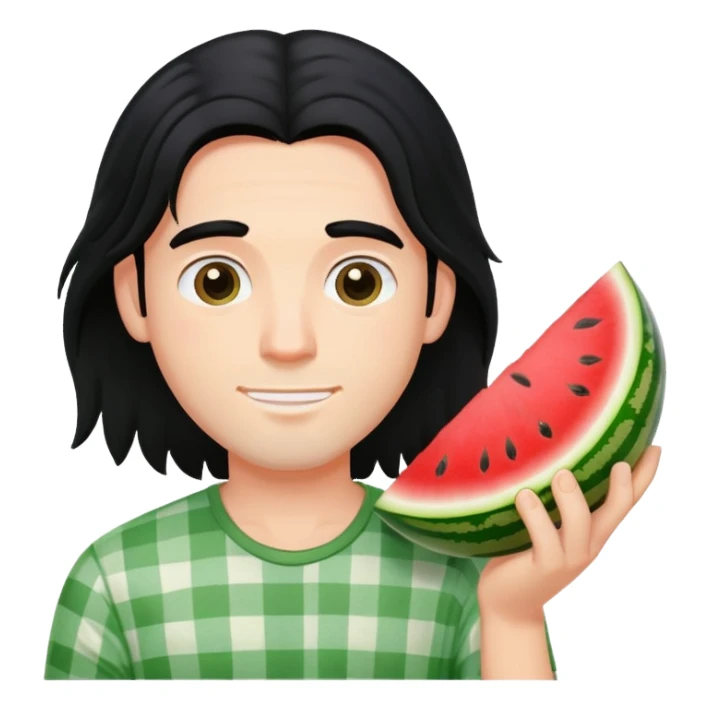 A guy with long black hair with a watermelon sticker