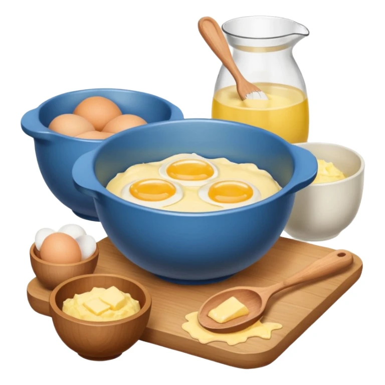 baking preperation with mixing bowl with uncracked eggs and butter sticker
