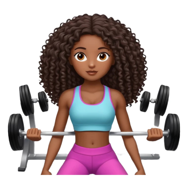 Uma boneca morena escura com olhos castanhos e cabelo cacheado longo até o peito, treinando Gym malhando sticker