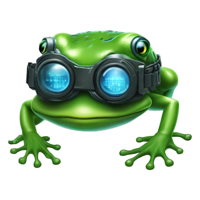 Create a high-quality emoji resembling a cybernetic frog mascot inspired by Neo from The Matrix. The emoji should feature the frog's face with sleek VR goggles and a form-fitting cyber armor with glowing blue circuit patterns.  sticker