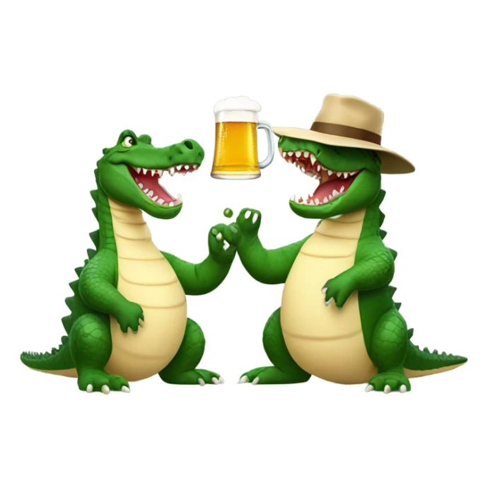 big crocodile throwing his hands in the air with a little hat on drinking beer with a kangaroo sticker