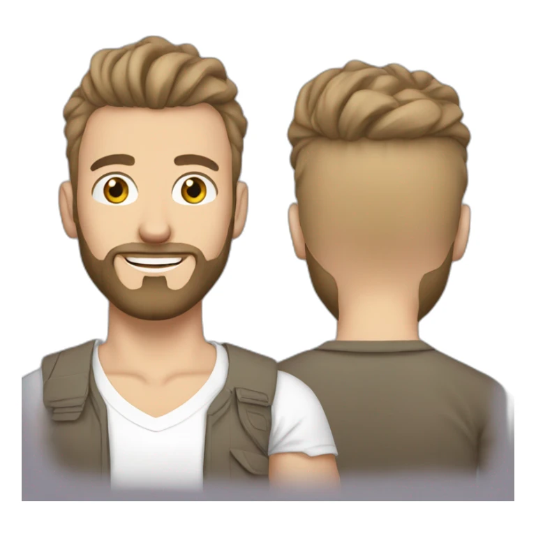 white man with man bun brown and beard with t shirt sticker