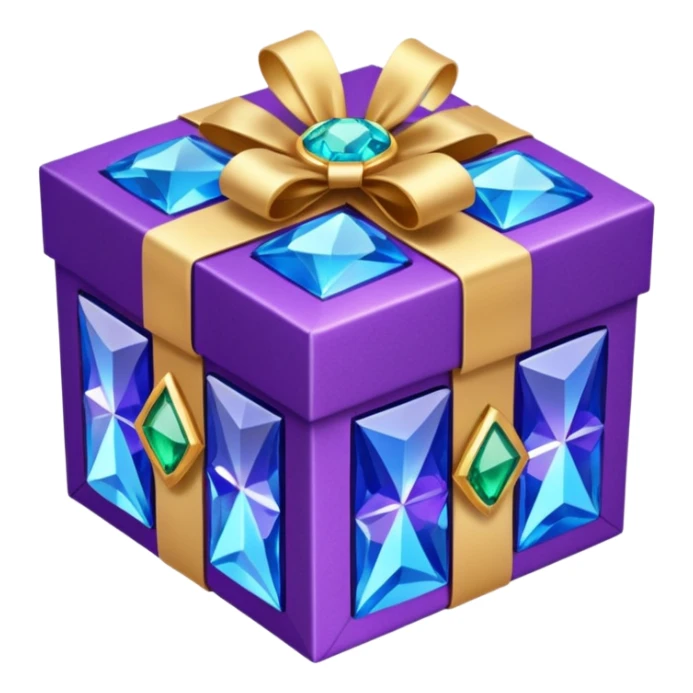  gift box . The square box displays vibrant purple panels with shimmering blue accents and intricate metallic detailing along its borders. Embed decorative gemstones and crystals at each corner for added visual interest. sticker