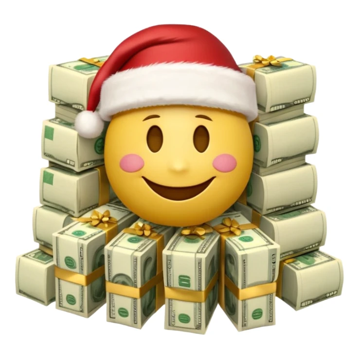A festive 3D emoji style yellow smiley face wearing a Santa hat, surrounded by stacks of cash and dollar bills, joyful expression, Christmas and New Year theme, high quality, clean design, studio lighting, no text, no background, isolated object, transparent background, emojis.com style sticker