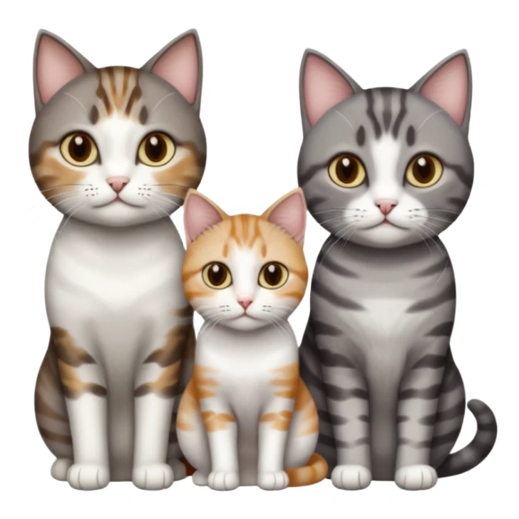 3 different coloured short haired cats including; a dark brown tabby and white cat, and a dark grey and white  sticker
