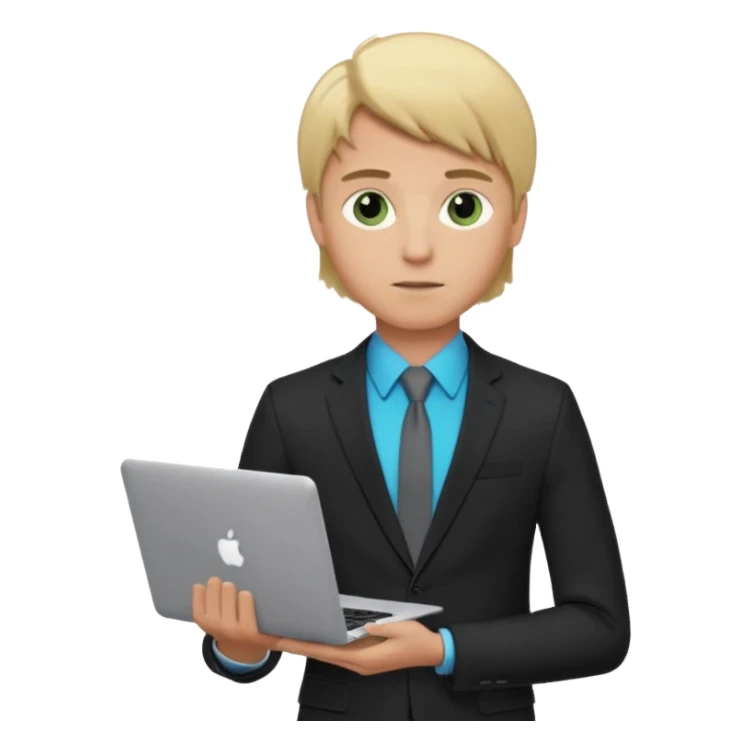 a young boy of about 20 with blond hair that is medium length, he is dressed in suit with tie and jacket, tie blue jacket black, in his hands he has a gray macbook, and black iphone. green-brown eyes sticker