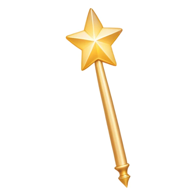 A sleek, glowing magic wand hovering in mid-air, emitting a soft trail of sparkling light. Tiny, faded-out emoji icons float around it, appearing as if they are about to be created but remain incomplete. The scene has a clean, minimalist aesthetic with a soft, neutral background. The wand radiates a subtle mystical glow, symbolizing creativity and the potential to generate new emojis. Flat, modern illustration, digital art, empty state design. sticker