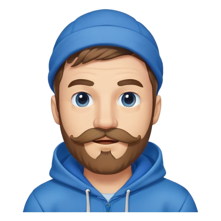 Mr. Beast wearing a blue hoodie, mustache and beard, winking playfully sticker