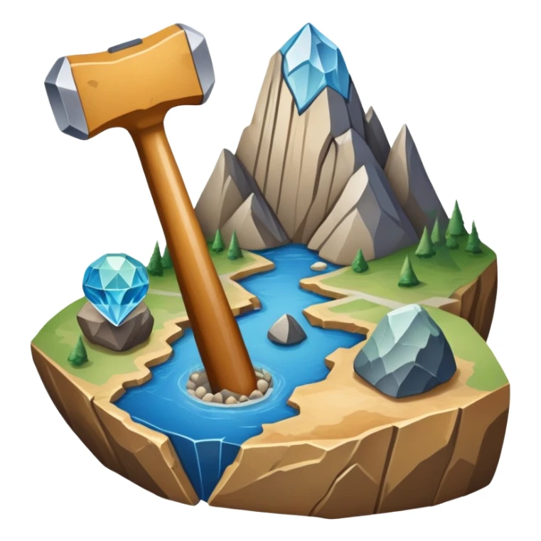 An icon featuring a rock hammer, a fossil, and a geological map, symbolizing geology. The design includes layers of the Earth, a crystal, and a mountain range, representing the study of Earth's structure, materials, and natural processes. Transparent background highlights geological research sticker