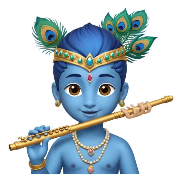 Cute young Krishna emoji, soft blue skin, peacock feather on crown, charming smile, holding a flute, big expressive eyes, round chibi emoji style, divine and joyful look." sticker